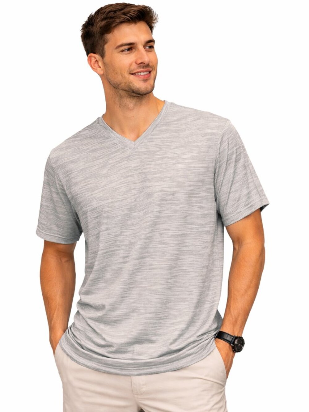 Perry Ellis Men's Grey Space Dye Performance V-Neck Tee - Size Large